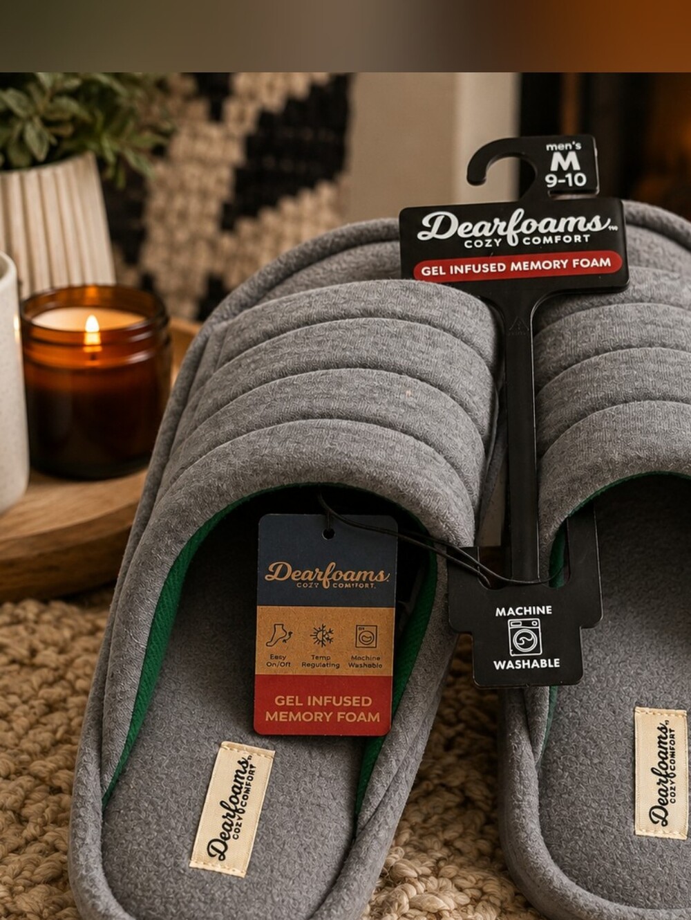 Dearfoams Men’s M 9-10 Gel Memory Foam Gray Slippers NWT
